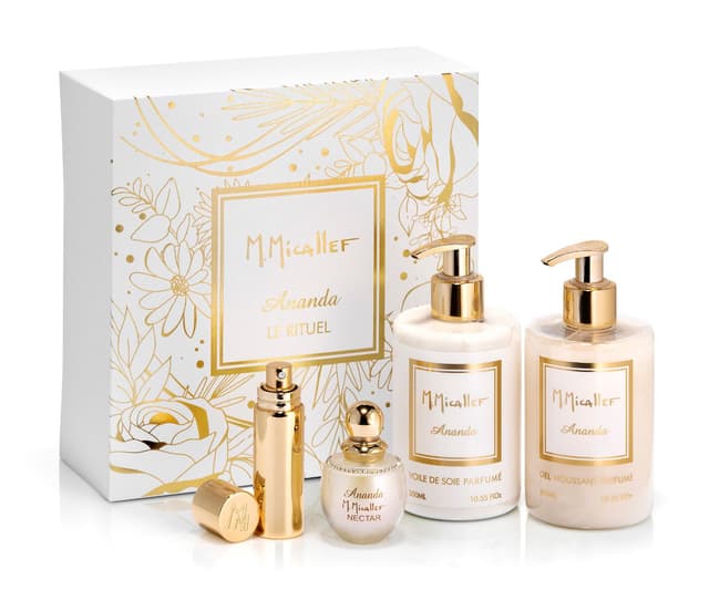 طقم عطر اناندا من ميكاليف مع بخاخ للسفر و شاور جل ومعطر للجسم