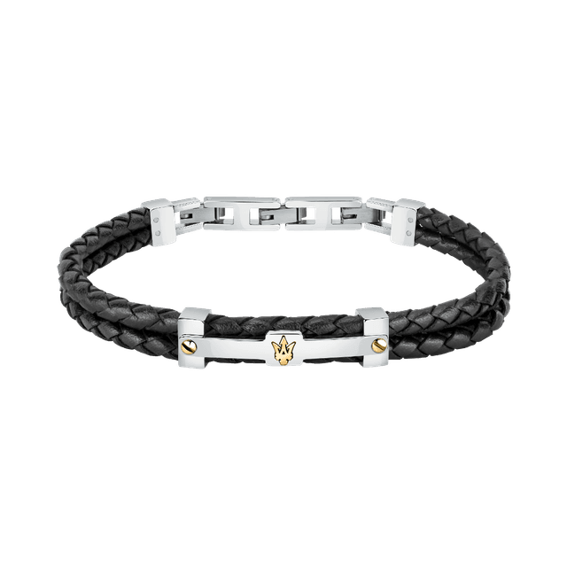 Maserati Men logo bracelet silver , Black leather size 22cm