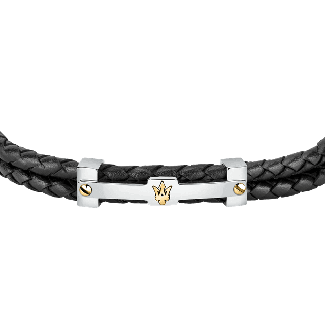 Maserati Men logo bracelet silver , Black leather size 22cm