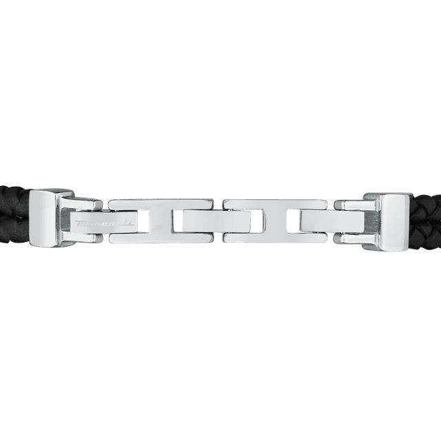 Maserati Men logo bracelet silver , Black leather size 22cm