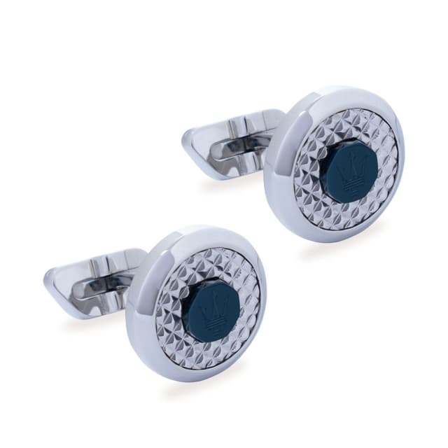 Maserati cufflink for gent steel silver with blue logo 